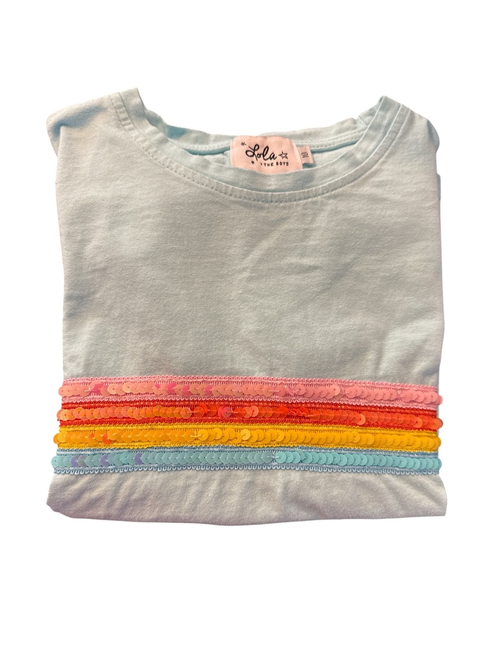 Lola & The Boys EUC Light Blue Girls' Sequin Rainbow 🌈 Stripe Tee
